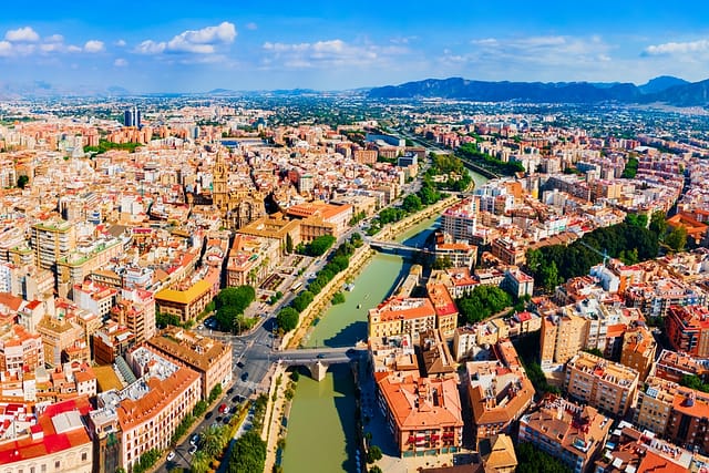 Murcia City Centre And Segura River Aerial Panoramic View. Murcia
