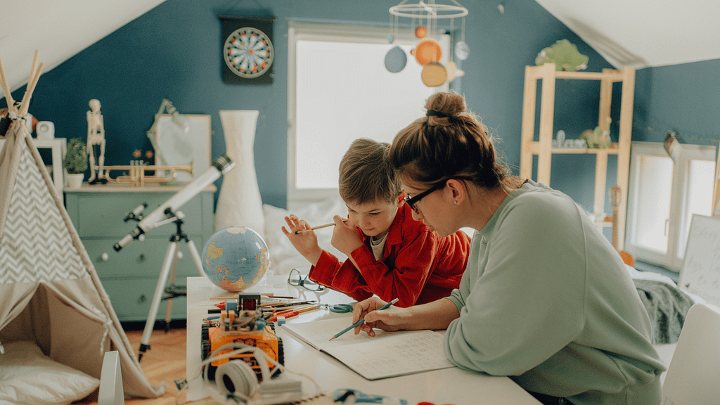 a mom homeschools her son in their new country