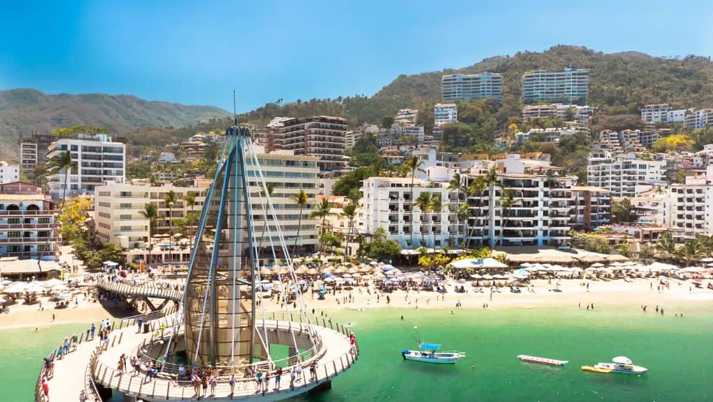 Aerial view of Malecon Playa los Muertos, Puerto Vallarta in a sunny and clear day.