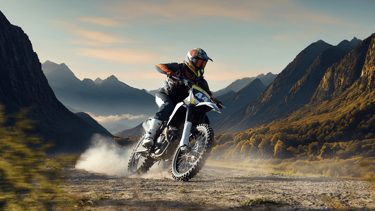 A man on a motorcycle surrounded by mountains.