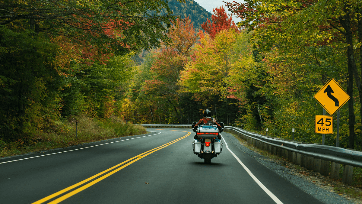 A motorcycle on a road surrounded by fall foliage.