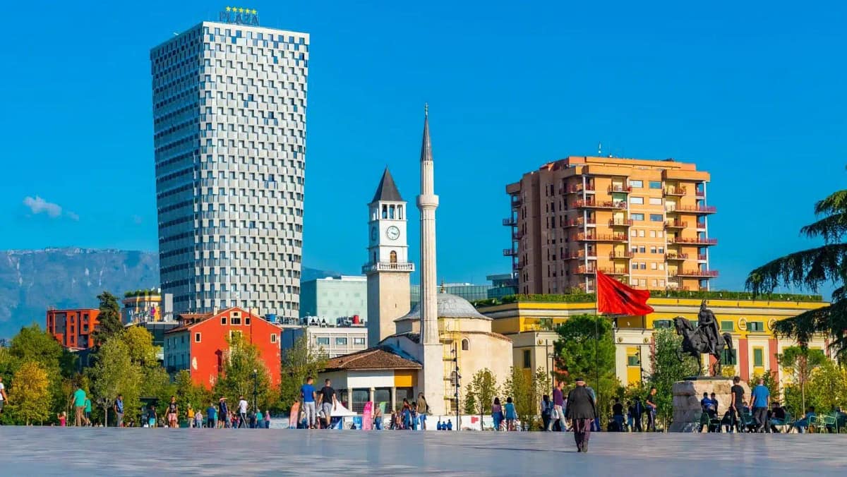 Skanderbeg memorial and Ethem Bey mosque in Tirana, Albania