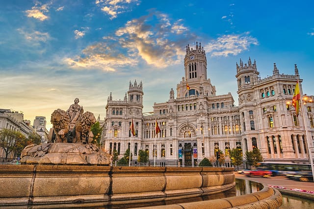 Madrid Spain Sunrise City Skyline At Cibeles Fountain Town Square