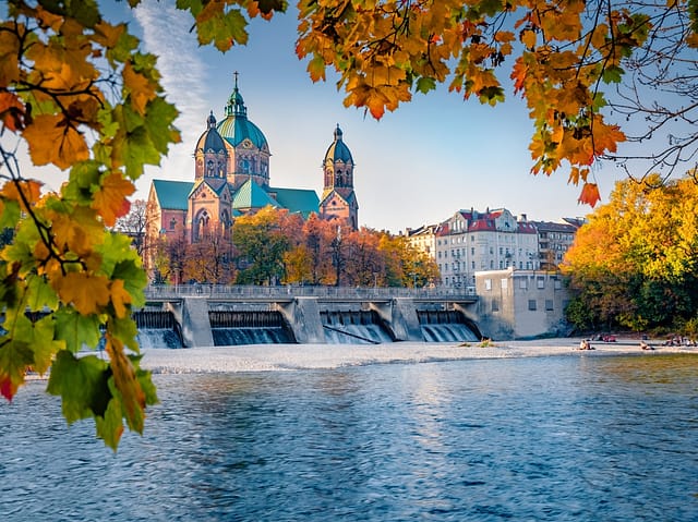 Colorful Autumn View Of Landmark Protestant St. Luke's Church. Exciting