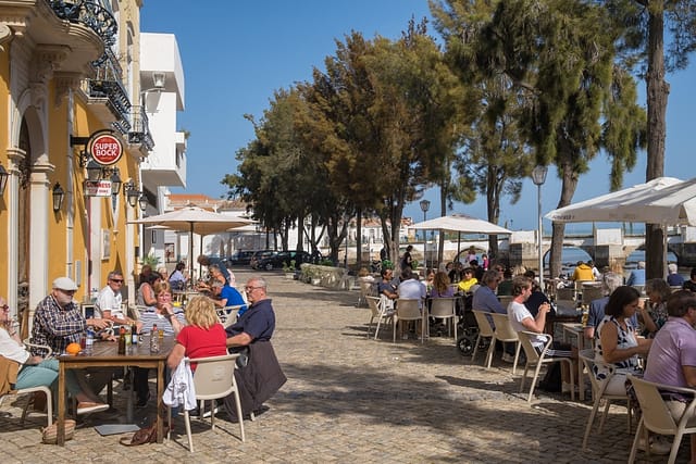Tavira Portugal - April 10 2022: Cozy Outdoor Cafes Along