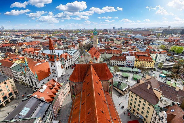 Panoramic View Of The Skyline Of Munich Germany With Viktualienmarkt