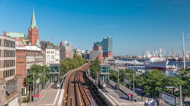 Aerial Hyperlapse Of Trains Arriving At Landungsbrucken Station In Hamburg