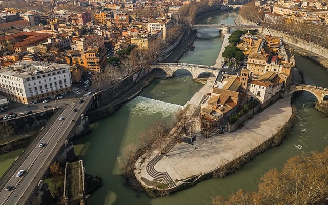 Aerial View Of Tiber Island And Bridges Over Tiber River