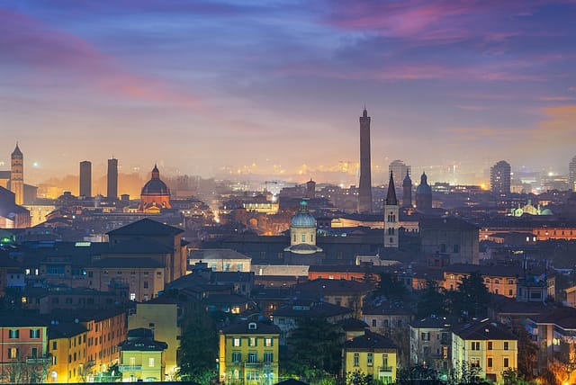 Bologna Italy Town Historic Skyline At Twilight.