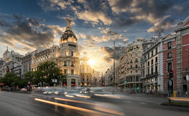 Gran Via Shopping Street In Madrid Spain During Sunset